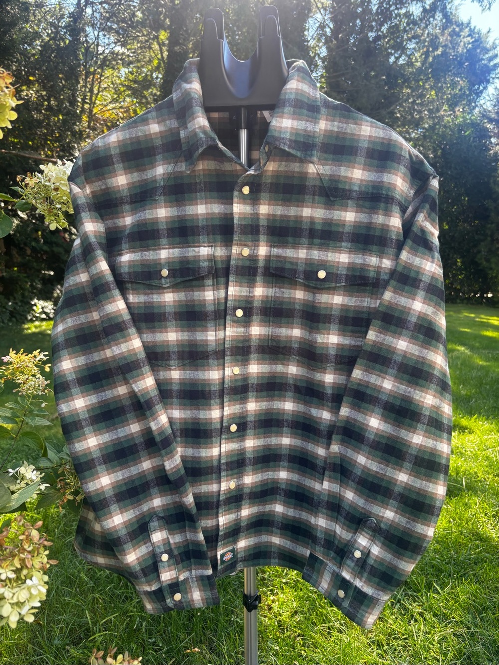 Dickies Green and White Plaid Snap-Front Shirt Jacket